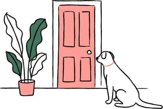 A cartoon illustration of a pink door with a white dog infront