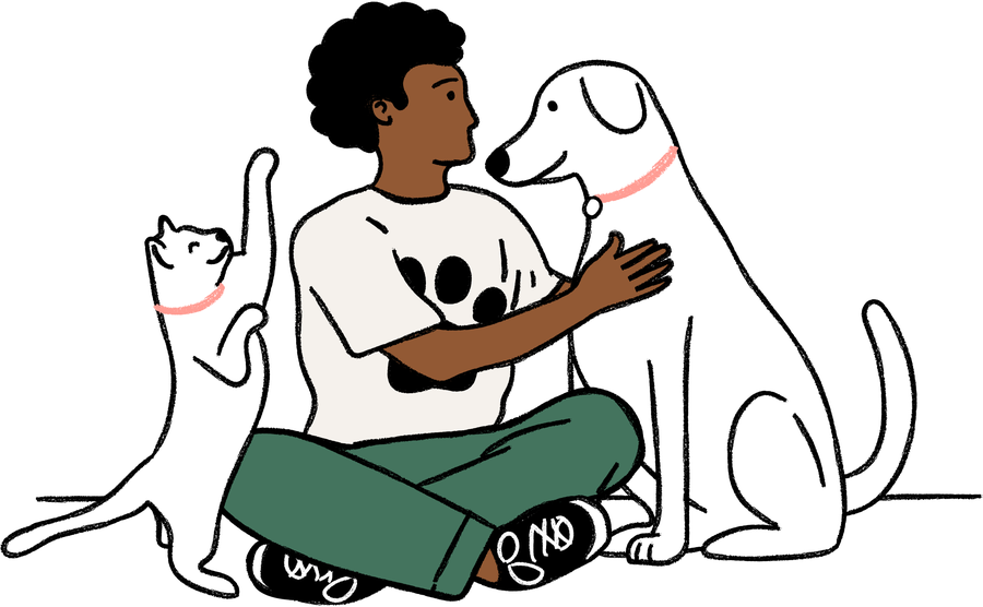 Drawing of a man sitting with a dog and cat