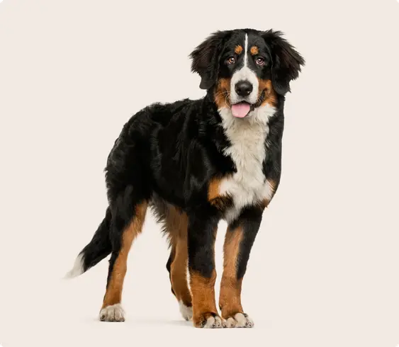 Image of a black-and-brown Bernese Mountain Dog on a beige background