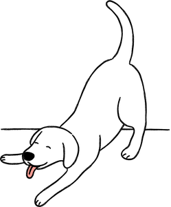 An illustration of a dog in a playful bow with it's tongue out