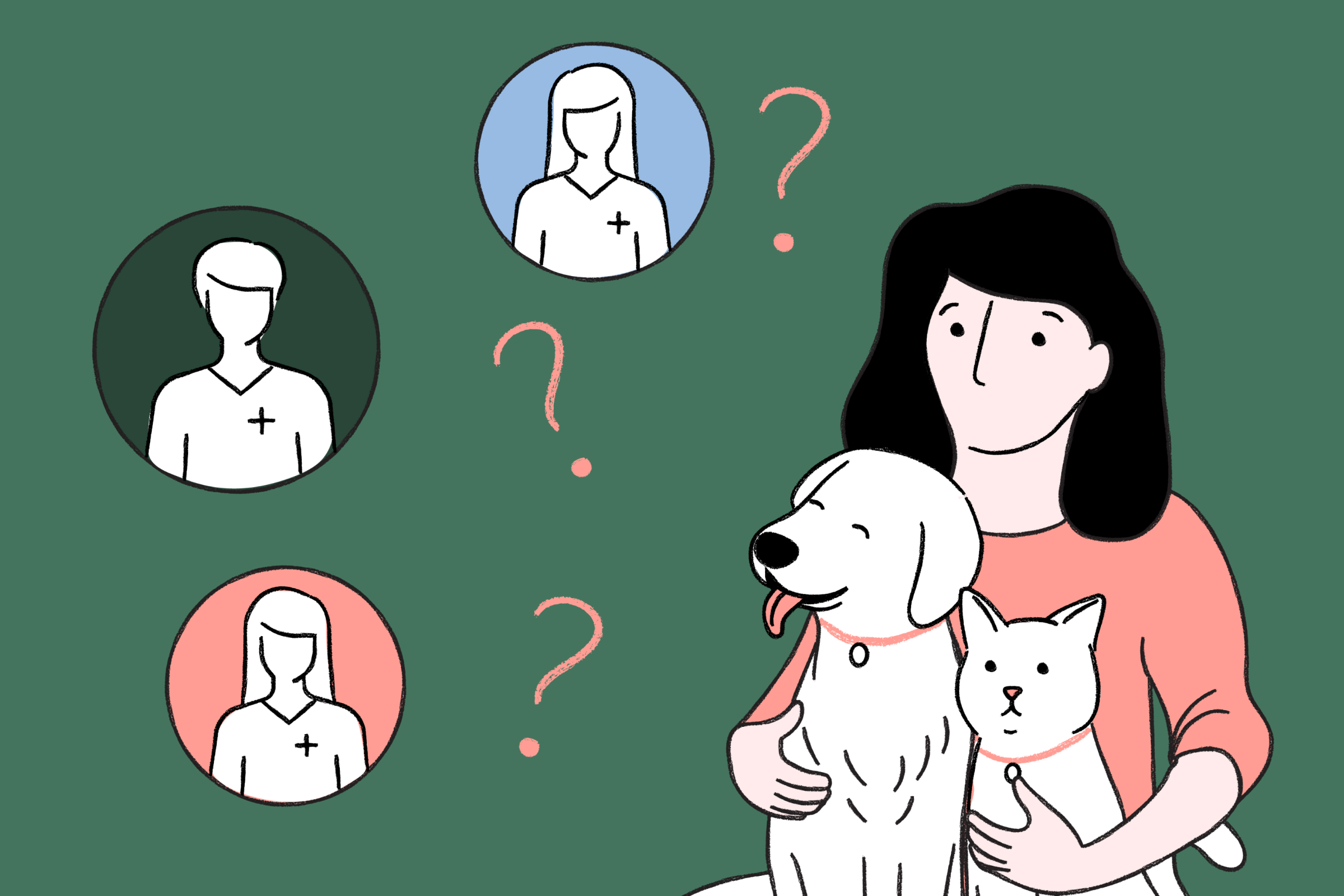 An illustration featuring a woman, holding a dog and a cat, looking up at three floating circles, with a vet icon in each one, with floating question marks, on a solid green background