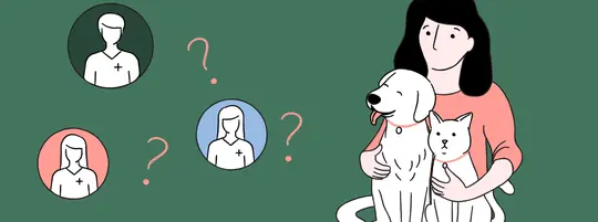 An illustration featuring a woman, holding a dog and a cat, looking up at three floating circles, with a vet icon in each one, with floating question marks, on a solid green background
