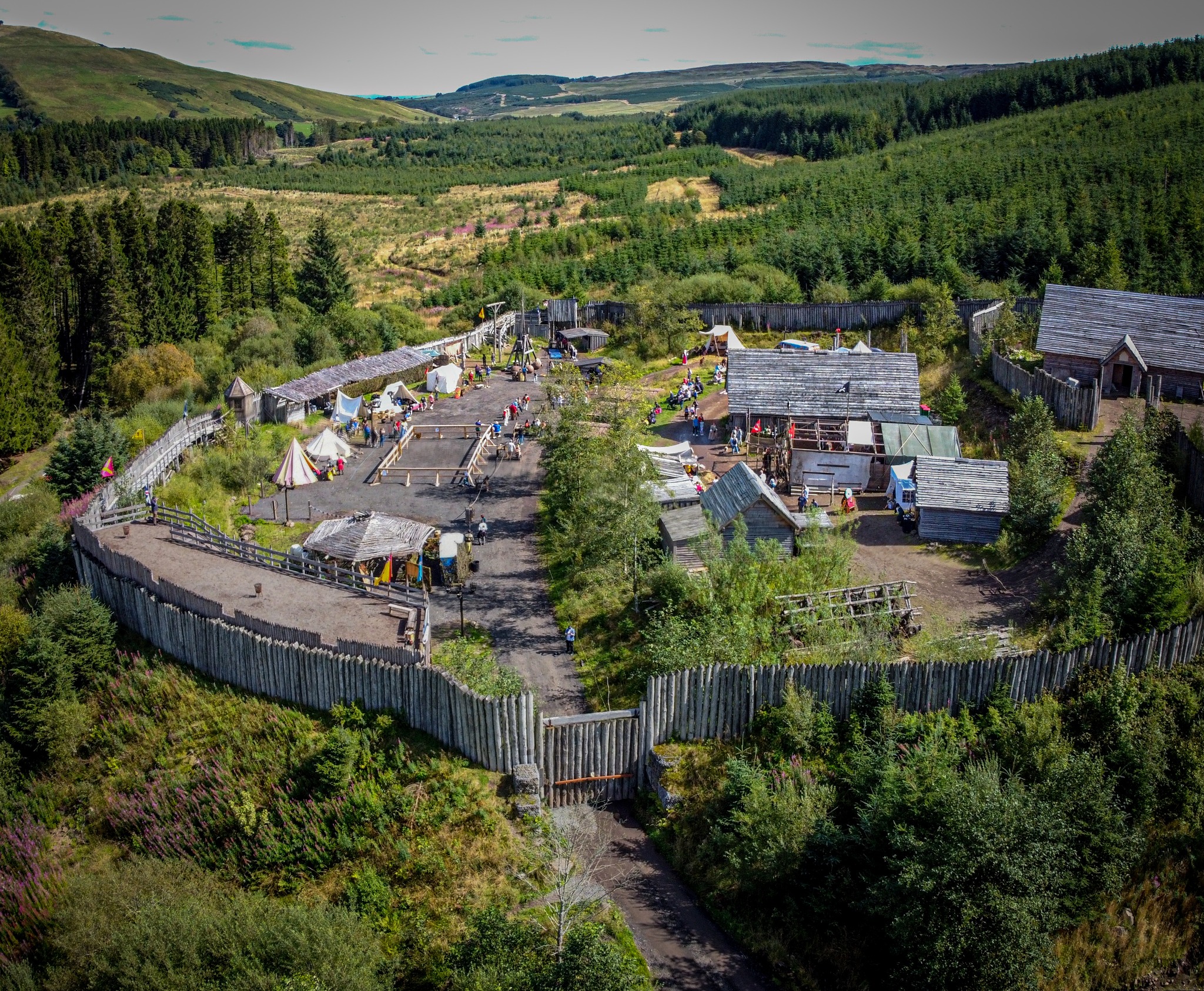 Aerial shot of Duncarron Medieval Village, Scotland