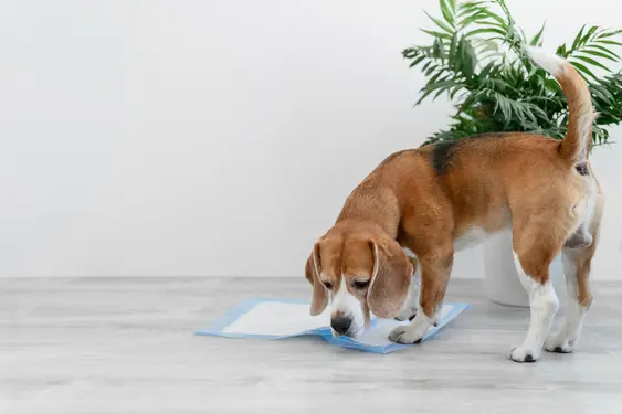 Older Beagle near a pee pad