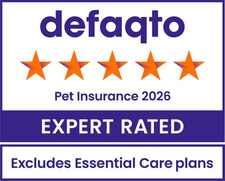 Defaqto 5-star rating for Pet Insurance 2025, labeled "Expert Rated." Note: Excludes Essential Care Plans.